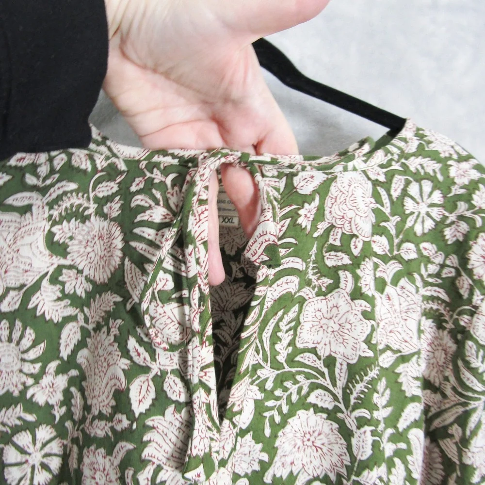 House of Sundar Mini Dress XXL Floral Print Green Pink Cotton Tie Neck - Picture 9 of 11